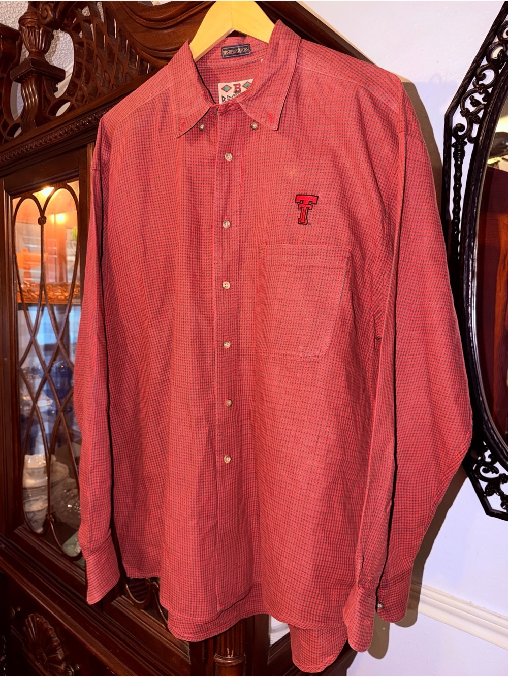 Vintage Texas Tech Double T Button Down Shirt XL Red Black Check Western